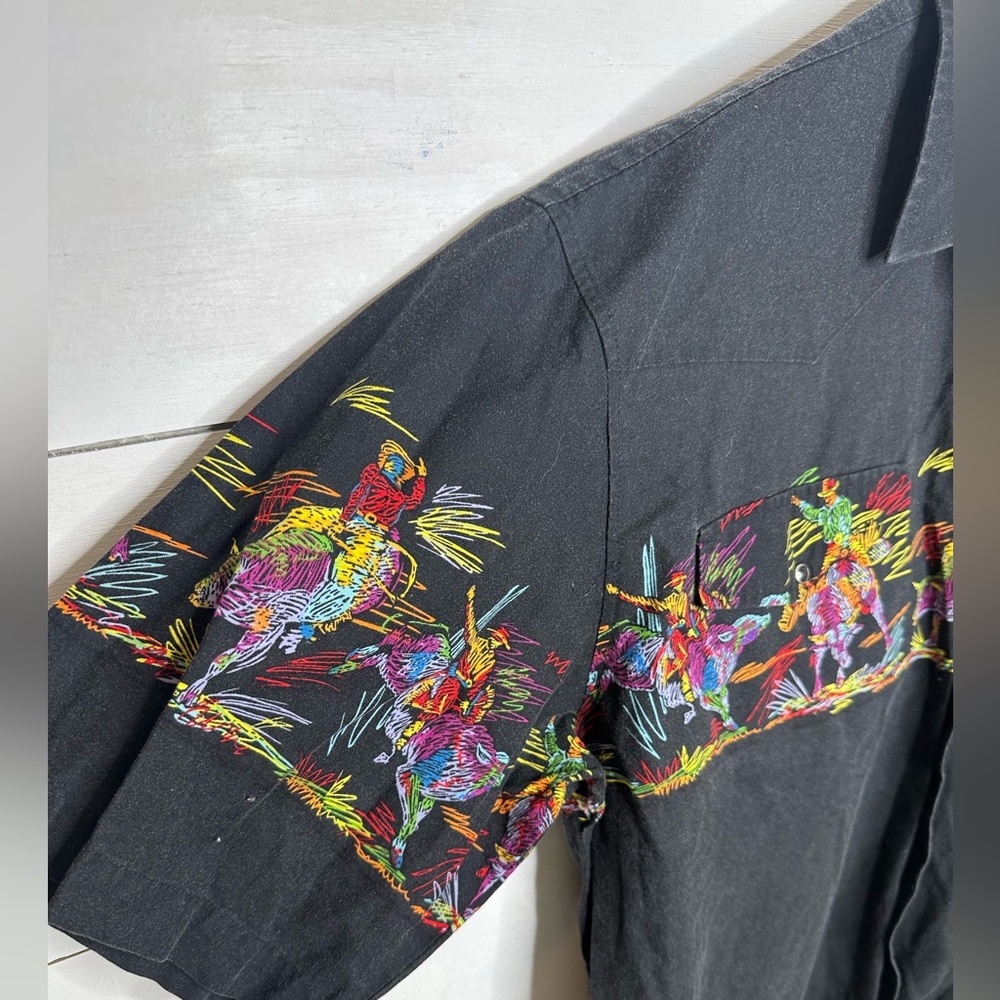 **SOLD**Vintage Roper Western Shirt XL – Black Cowboy Neon Rodeo Horse Print - Picture 2 of 7